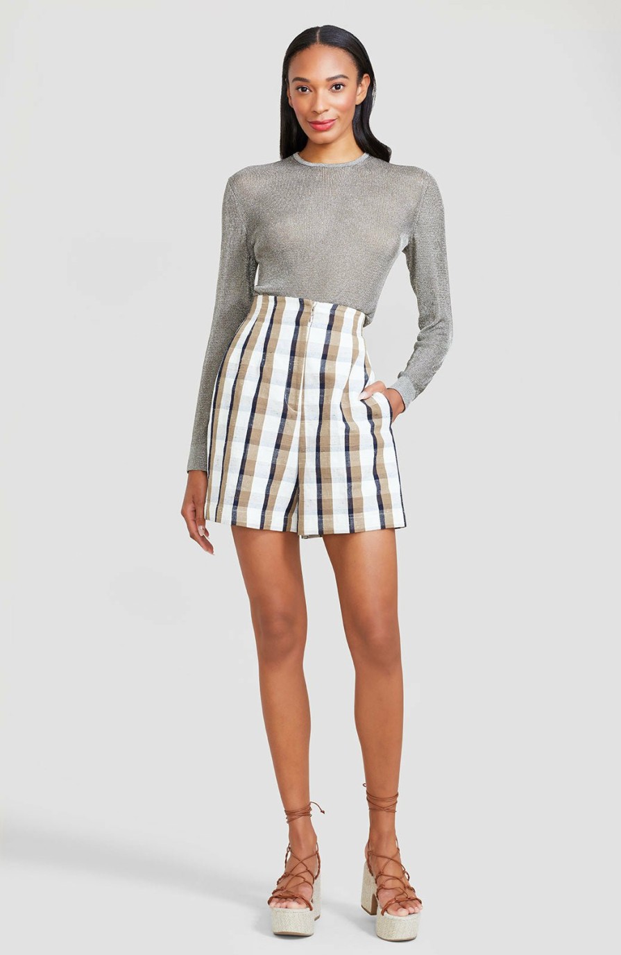 CLOTHING Lela Rose | Linen Check High Waist Shorts Natural Multi