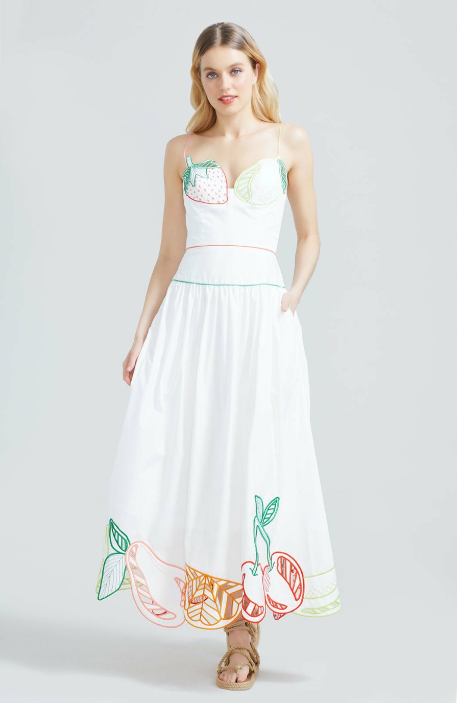 CLOTHING Lela Rose | Fruit Embroidered Cotton Poplin Drop Waist Dress White