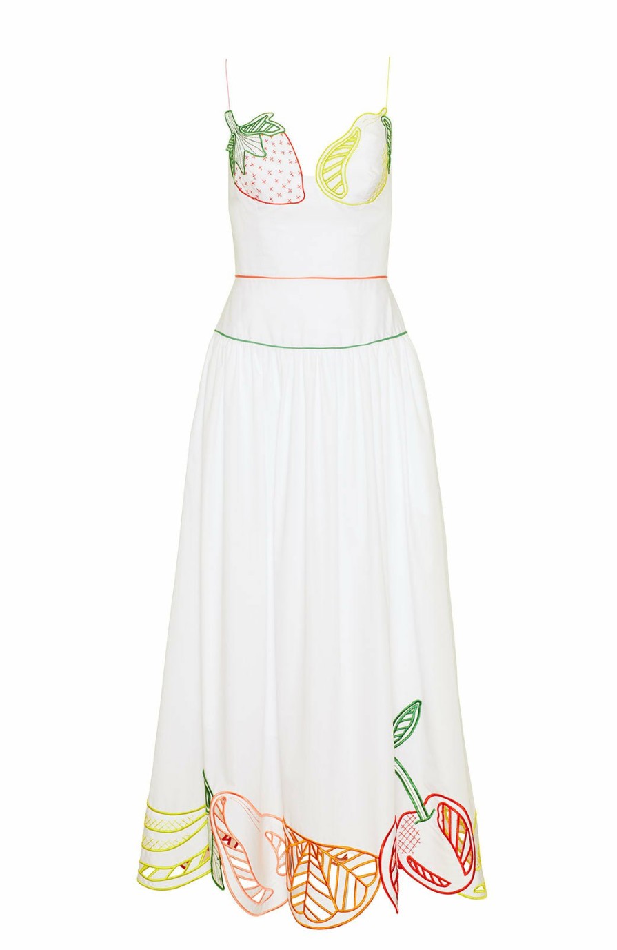 CLOTHING Lela Rose | Fruit Embroidered Cotton Poplin Drop Waist Dress White