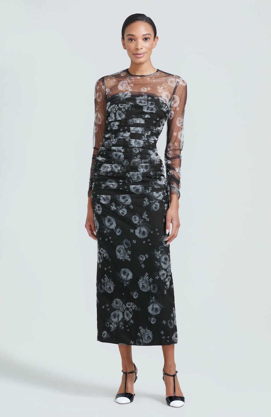 CLOTHING Lela Rose | Floral Tulle Ruched Pencil Dress Black