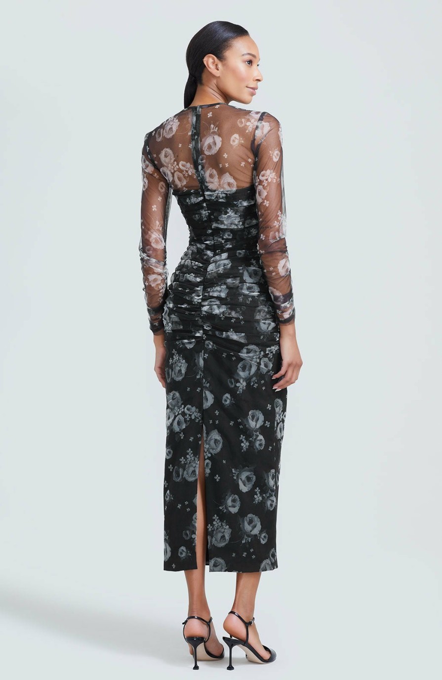 CLOTHING Lela Rose | Floral Tulle Ruched Pencil Dress Black