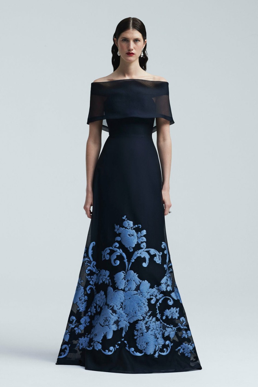 CLOTHING Lela Rose | Baroque Floral Fil Coupe Deedie Gown Navy