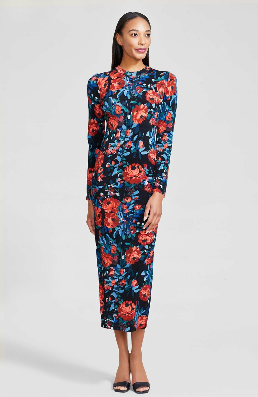 CLOTHING Lela Rose | Floral Printed Knit Long Sleeve Midi Dress Black Multi