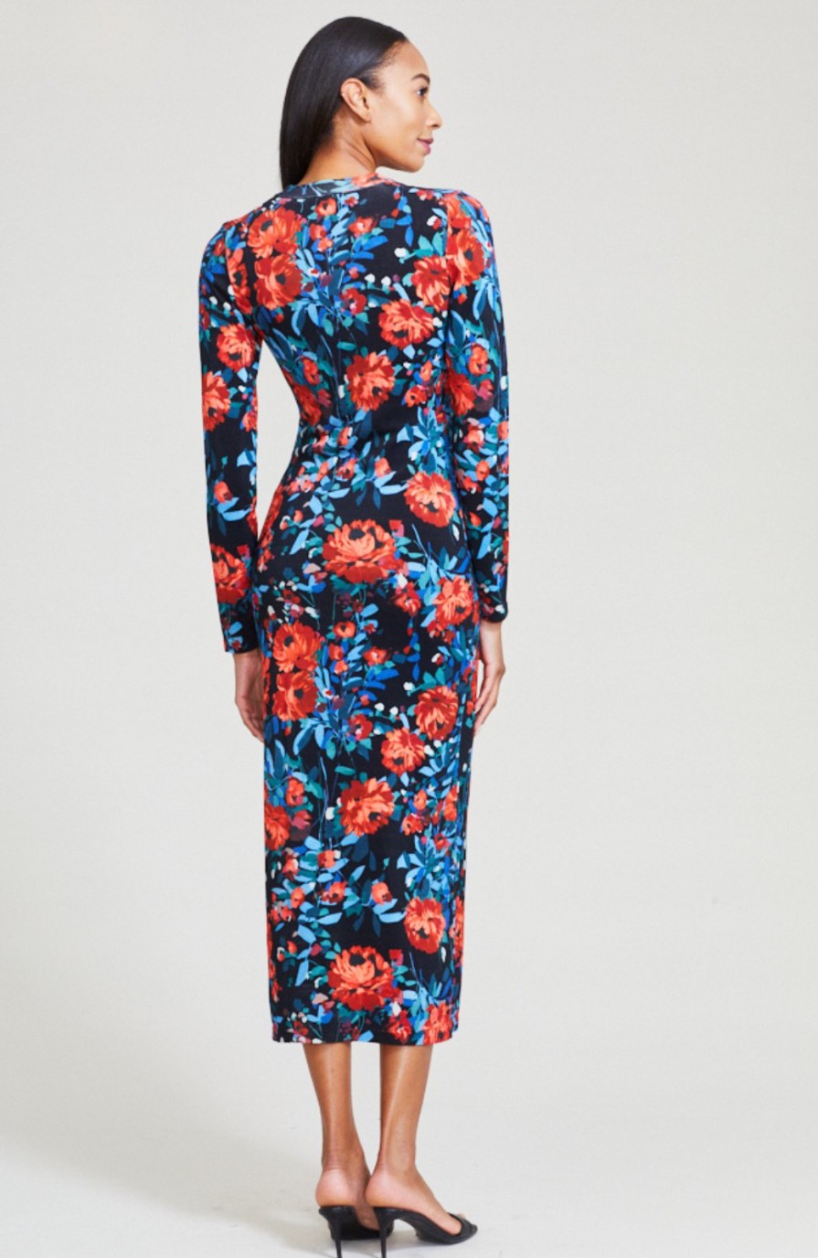 CLOTHING Lela Rose | Floral Printed Knit Long Sleeve Midi Dress Black Multi