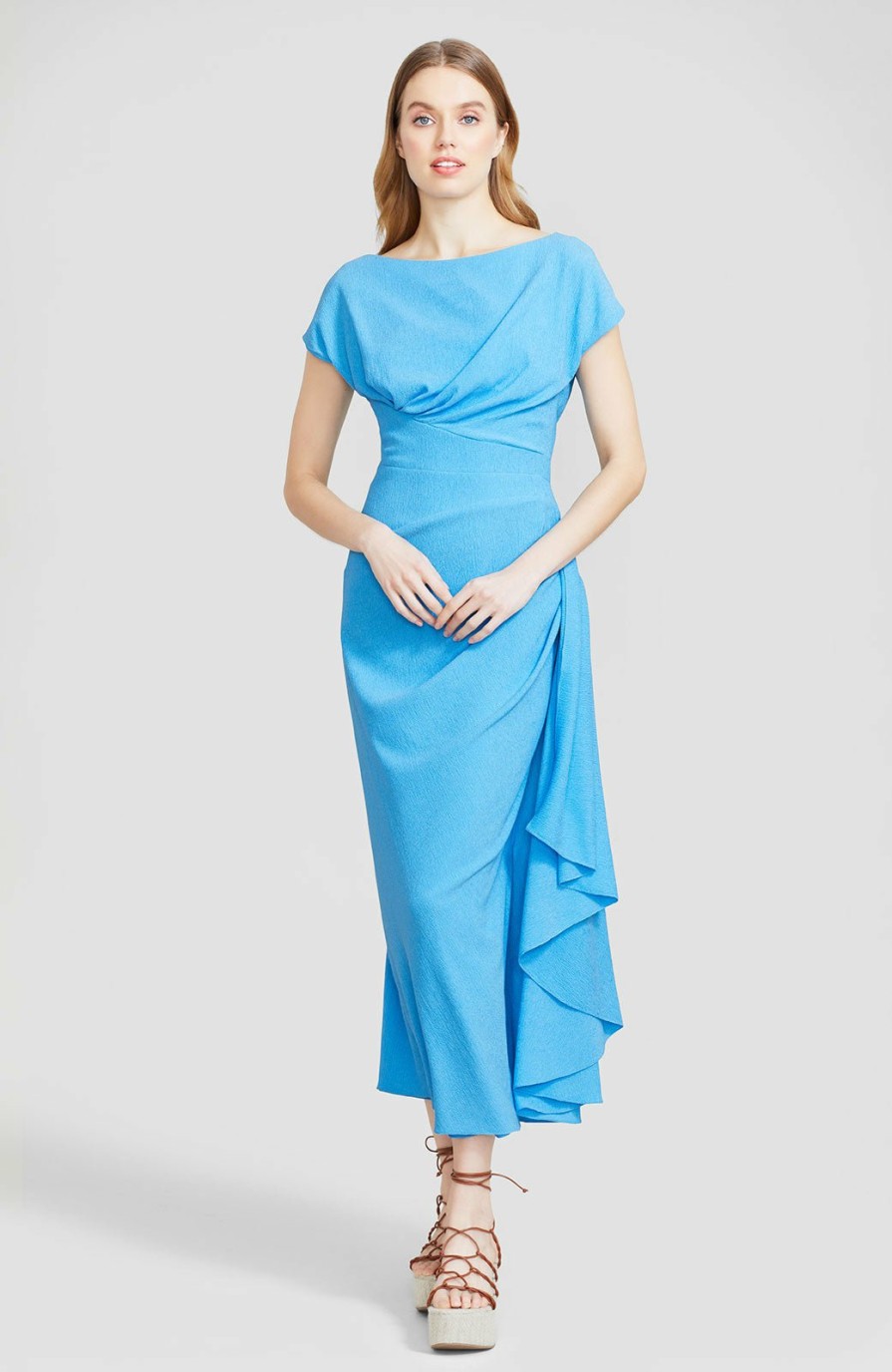 CLOTHING Lela Rose | Textured Crepe Side Ruched Sheath Cerulean