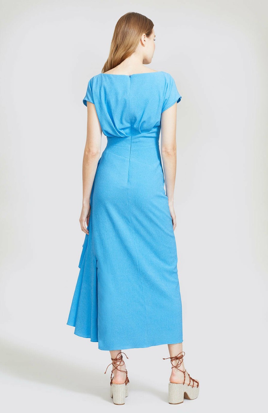 CLOTHING Lela Rose | Textured Crepe Side Ruched Sheath Cerulean