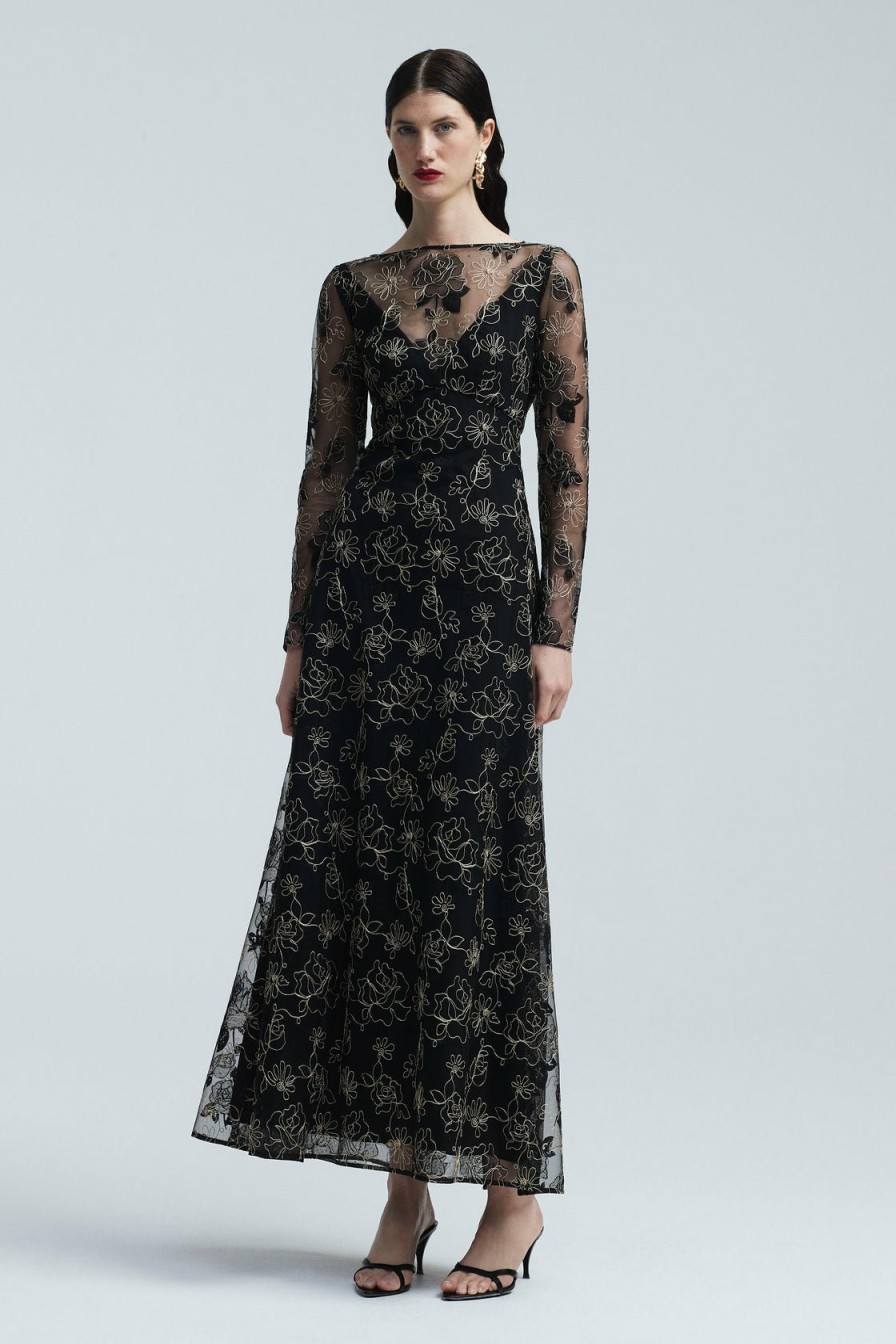 CLOTHING Lela Rose | Corded Rose Tulle Long Sleeve Midi Dress Black