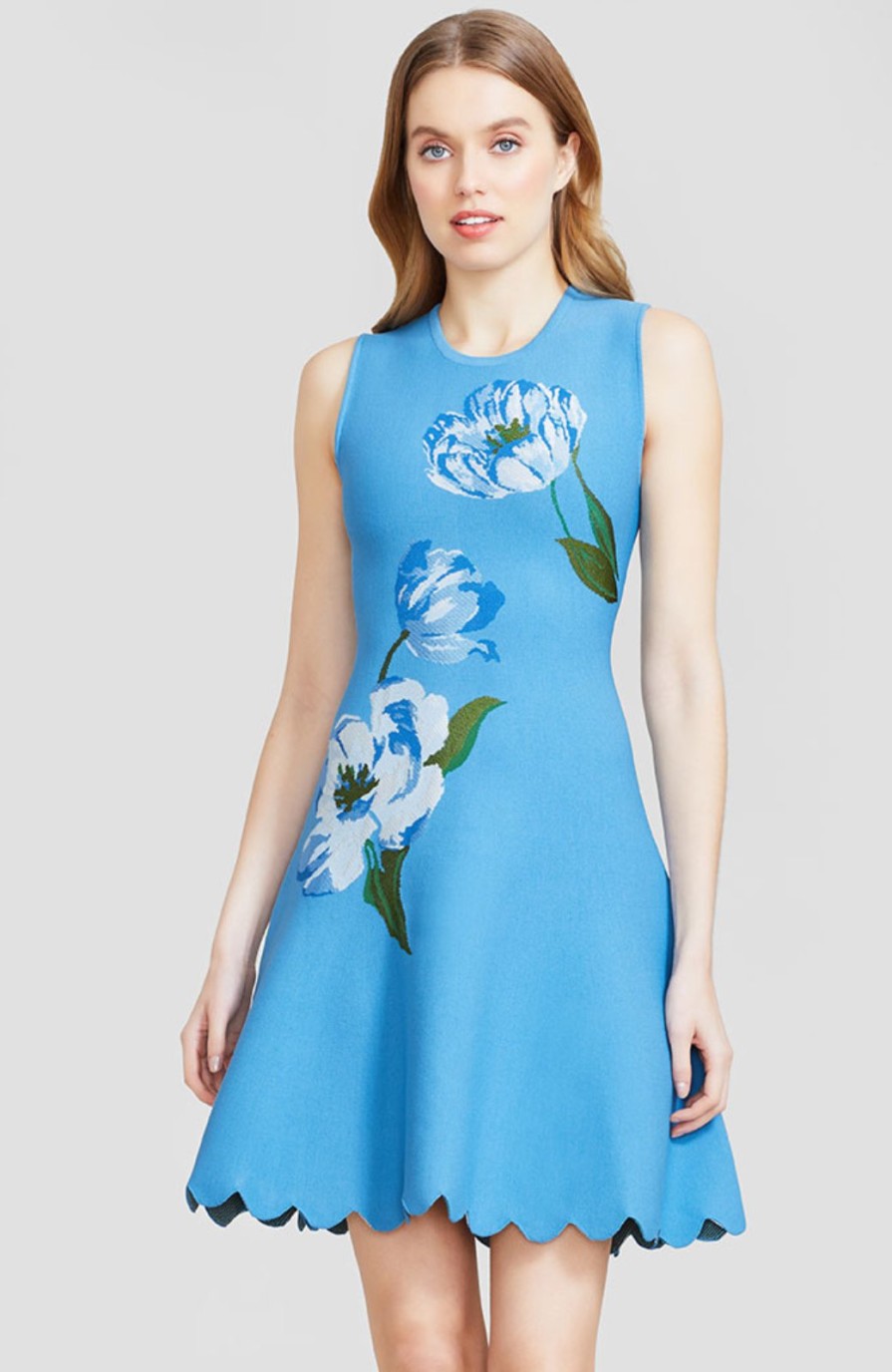 CLOTHING Lela Rose | Floral Jacquard Knit Sleeveless Dress Cerulean/Ice Blue