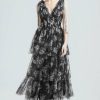 CLOTHING Lela Rose | Floral Tulle V-Neck Tiered Dress Black