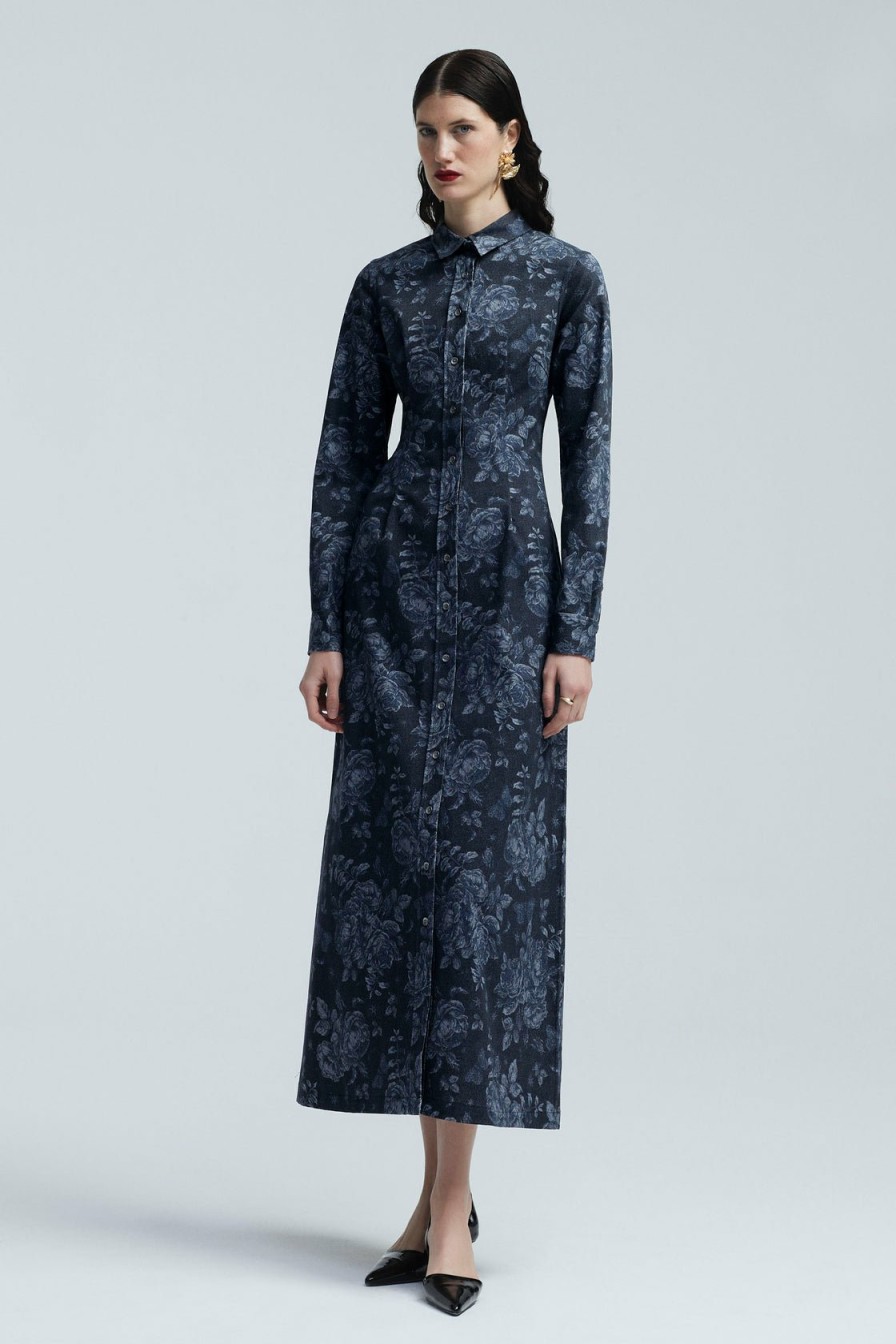 CLOTHING Lela Rose | Floral Printed Denim Long Sleeve Shirt Dress Navy