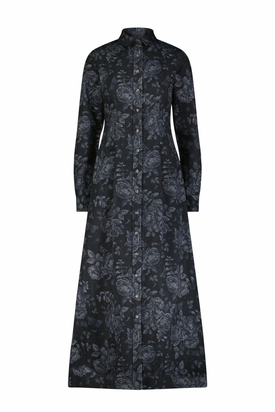 CLOTHING Lela Rose | Floral Printed Denim Long Sleeve Shirt Dress Navy