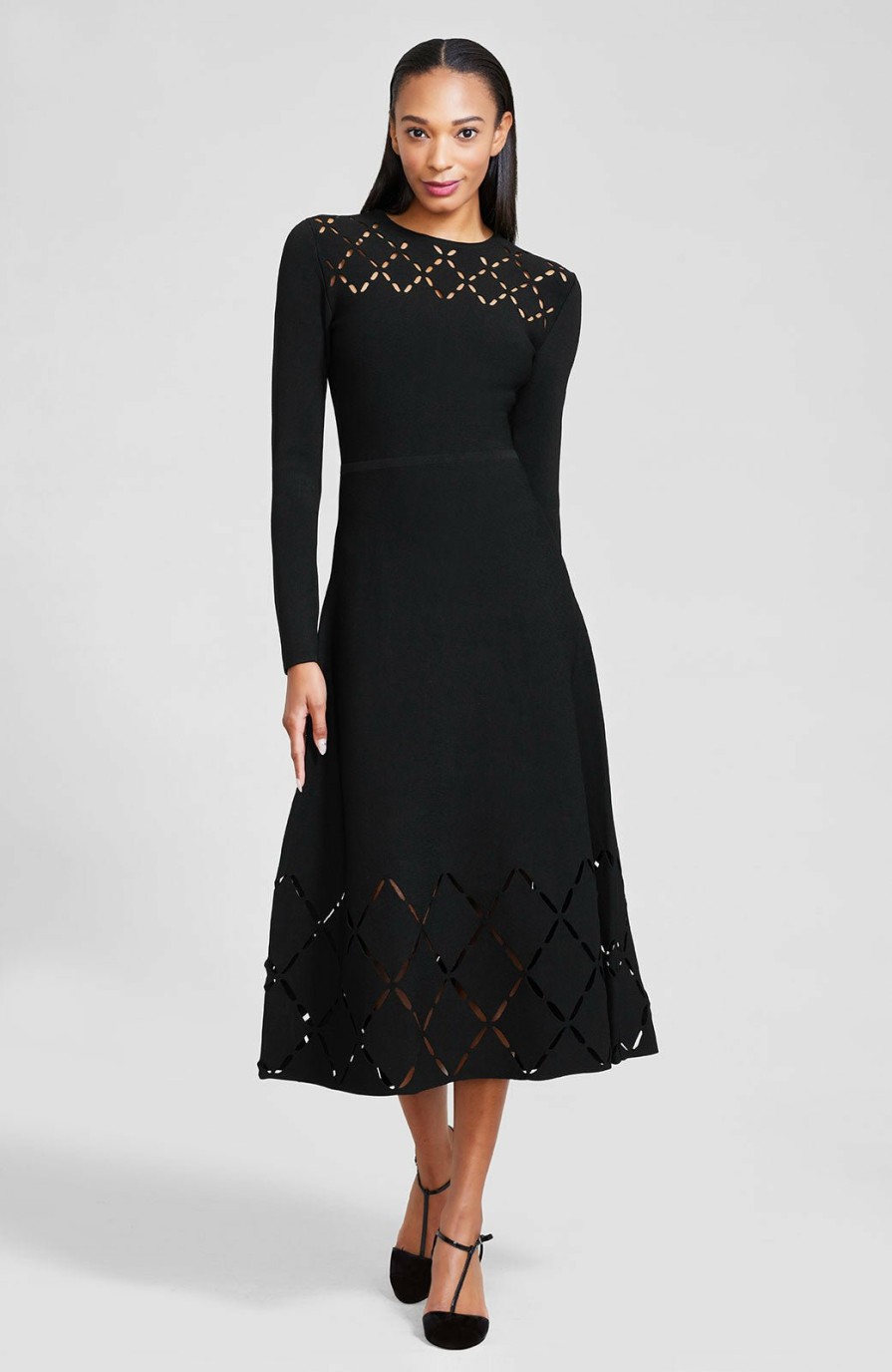 CLOTHING Lela Rose | Diamond Detail Knit Long Sleeve Midi Dress Black