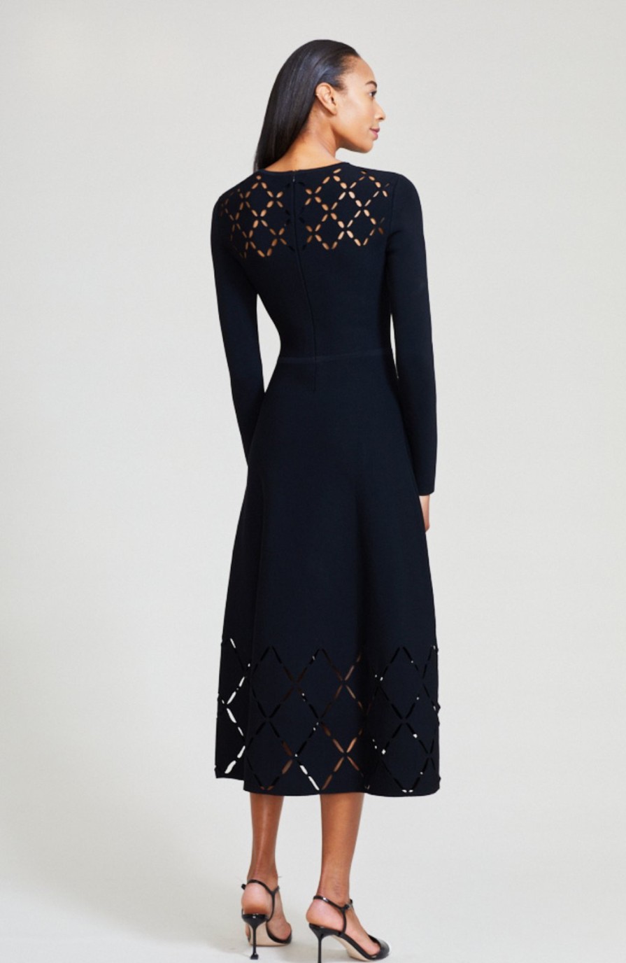 CLOTHING Lela Rose | Diamond Detail Knit Long Sleeve Midi Dress Black