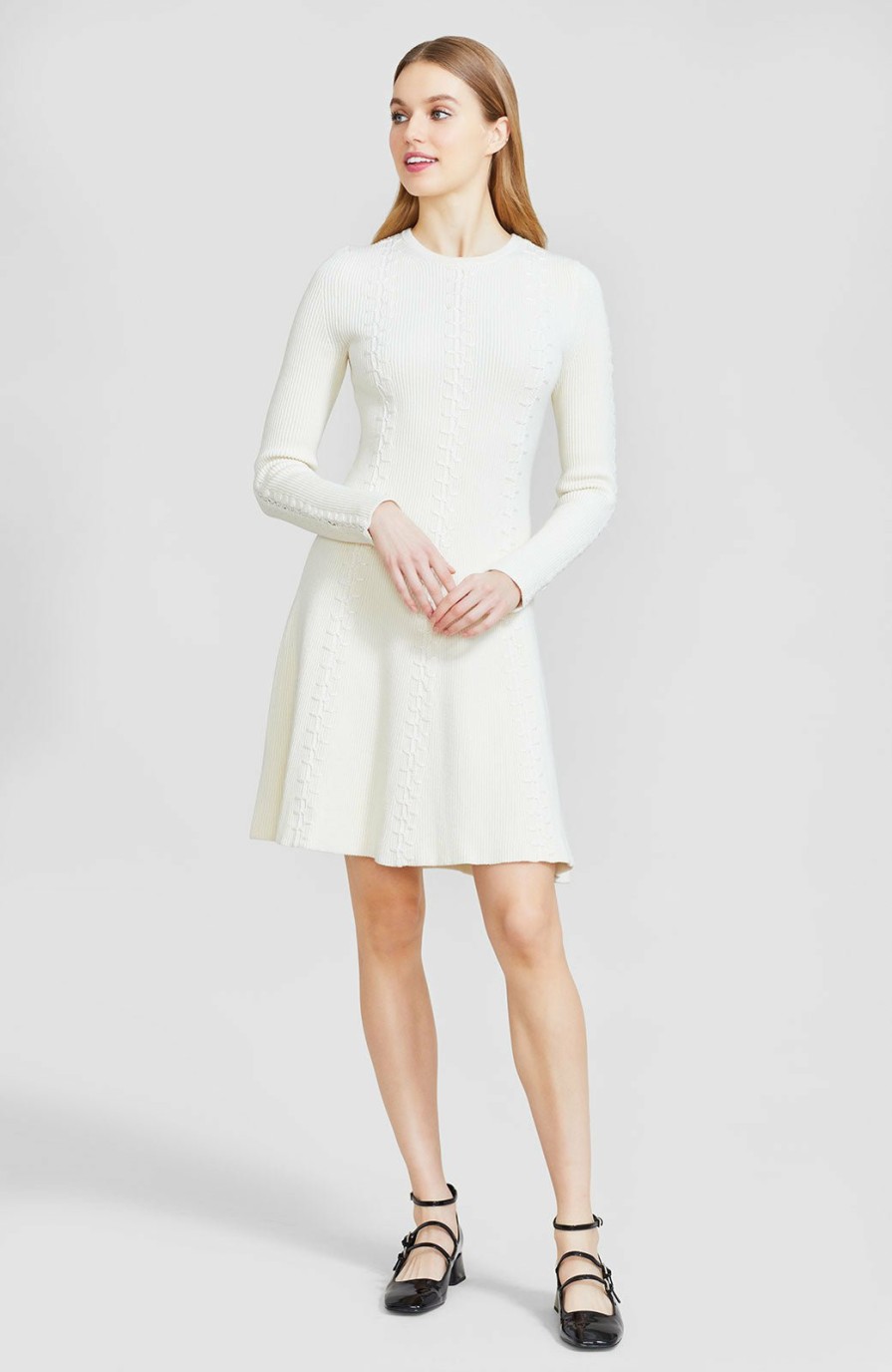 CLOTHING Lela Rose | Embroidered Seam Rib Knit Fit And Flare Dress Ivory