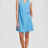 CLOTHING Lela Rose | Stretch Twill V-Neck Button Detail Dress Cerulean