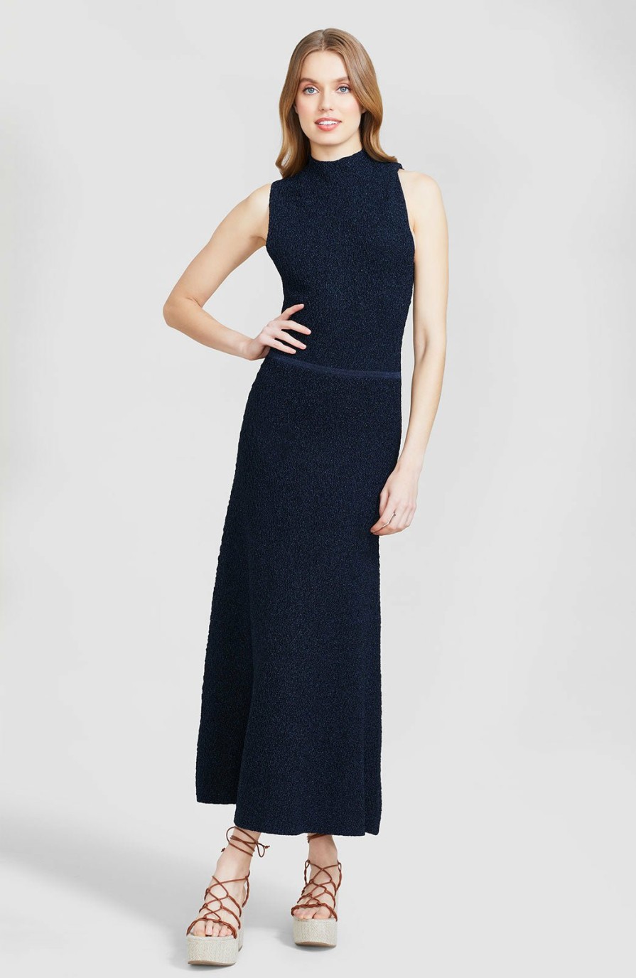 CLOTHING Lela Rose | Lurex Knit Mock Neck Midi Dress Navy