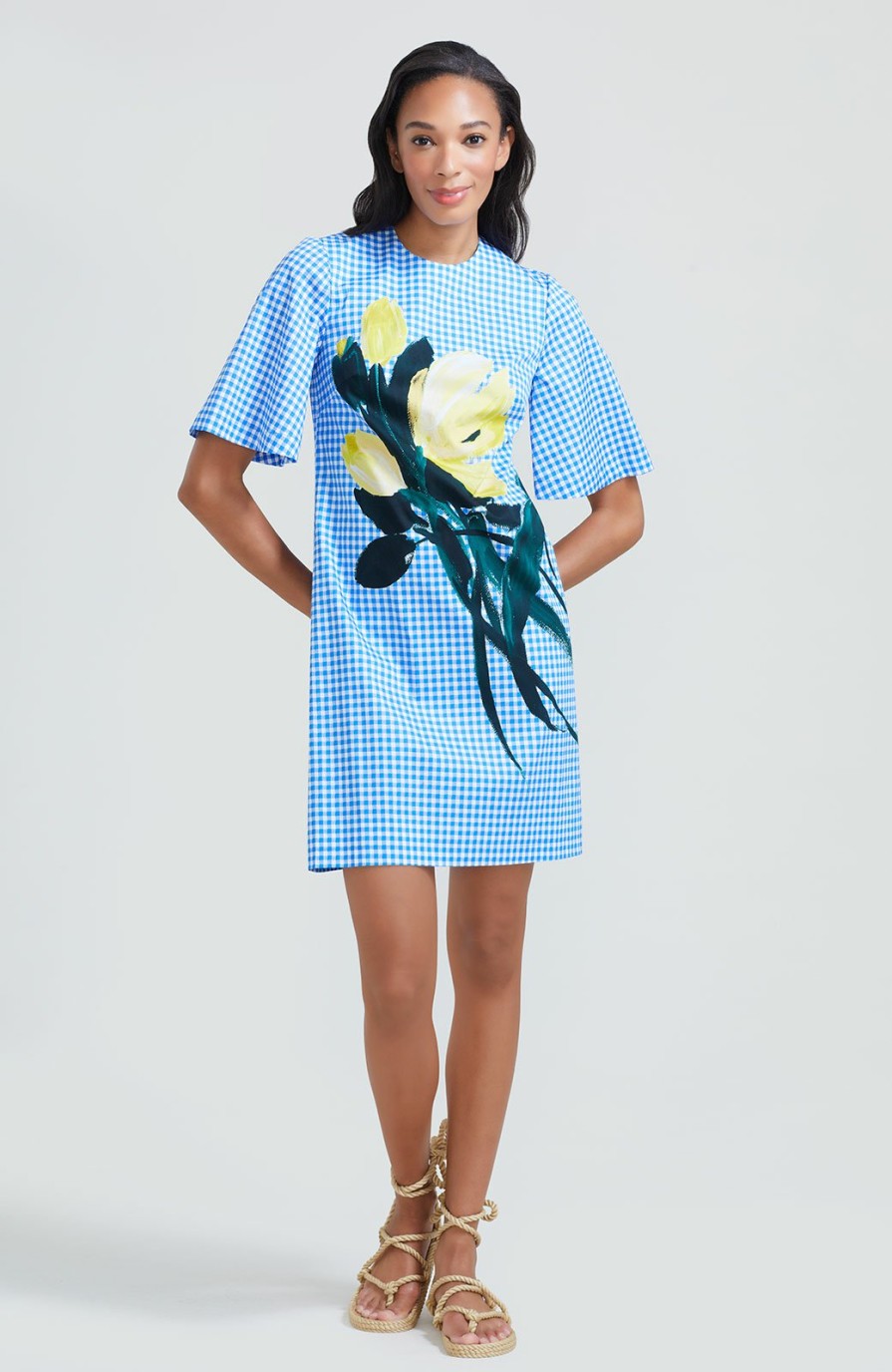 CLOTHING Lela Rose | Tulip Printed Gingham Tunic Dress Sky