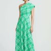 CLOTHING Lela Rose | Stretch Seersucker Plaid One Shoulder Dress Kelly Green