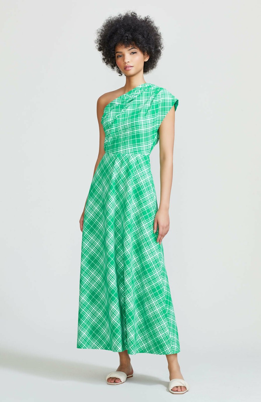 CLOTHING Lela Rose | Stretch Seersucker Plaid One Shoulder Dress Kelly Green