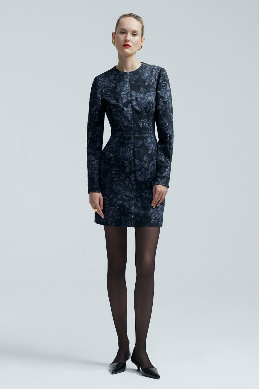 CLOTHING Lela Rose | Floral Printed Denim Long Sleeve Seamed Dress Navy