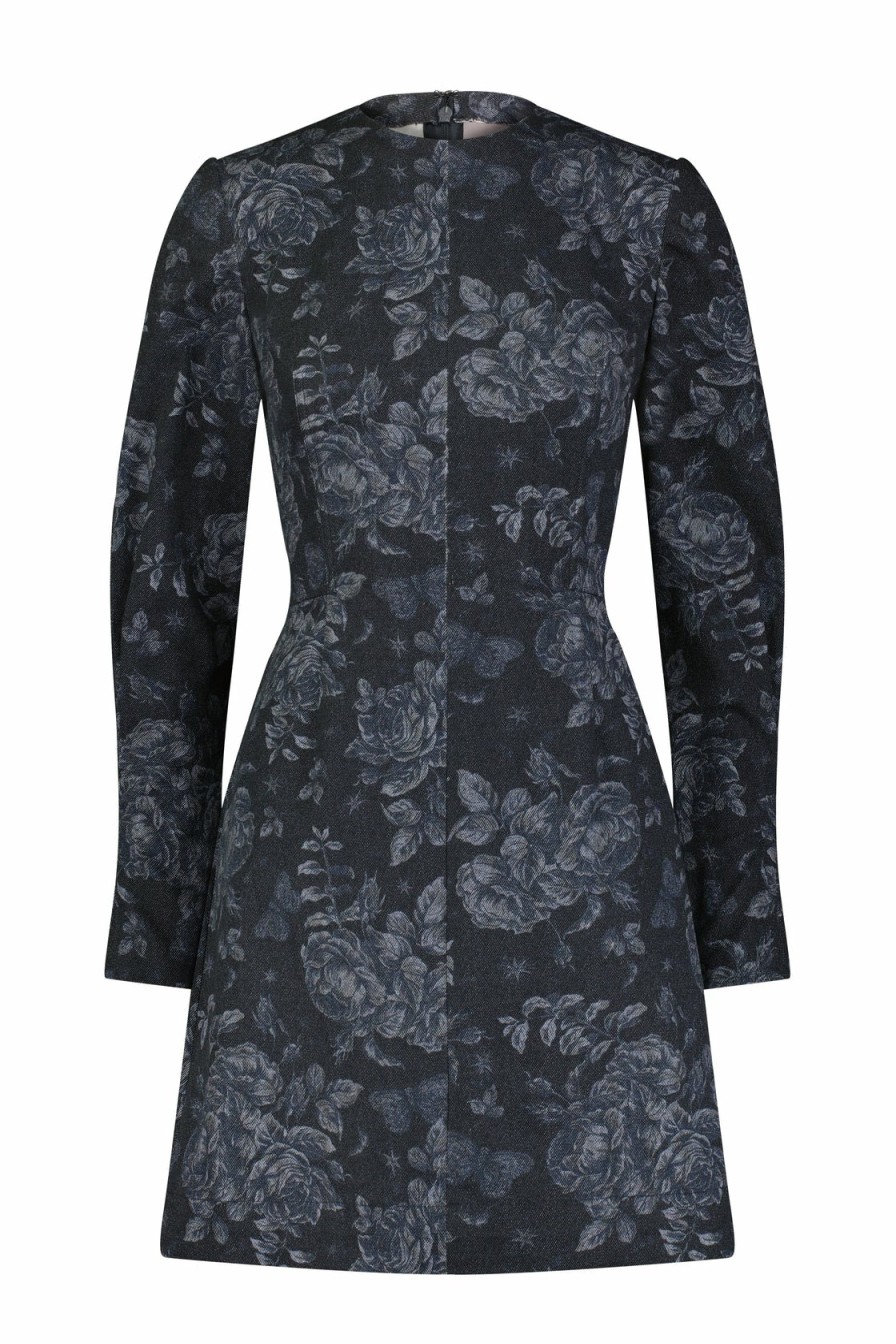 CLOTHING Lela Rose | Floral Printed Denim Long Sleeve Seamed Dress Navy