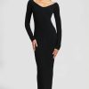 CLOTHING Lela Rose | Embroidered Seam Rib Knit Off The Shoulder Midi Dress Black