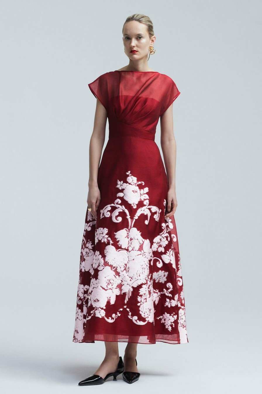 CLOTHING Lela Rose | Baroque Floral Fil Coupe Evelyn Dress Scarlet