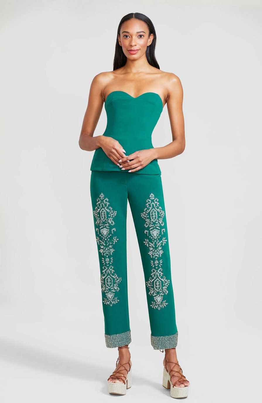 CLOTHING Lela Rose | Embroidered Stretch Twill Straight Leg Pant Forest