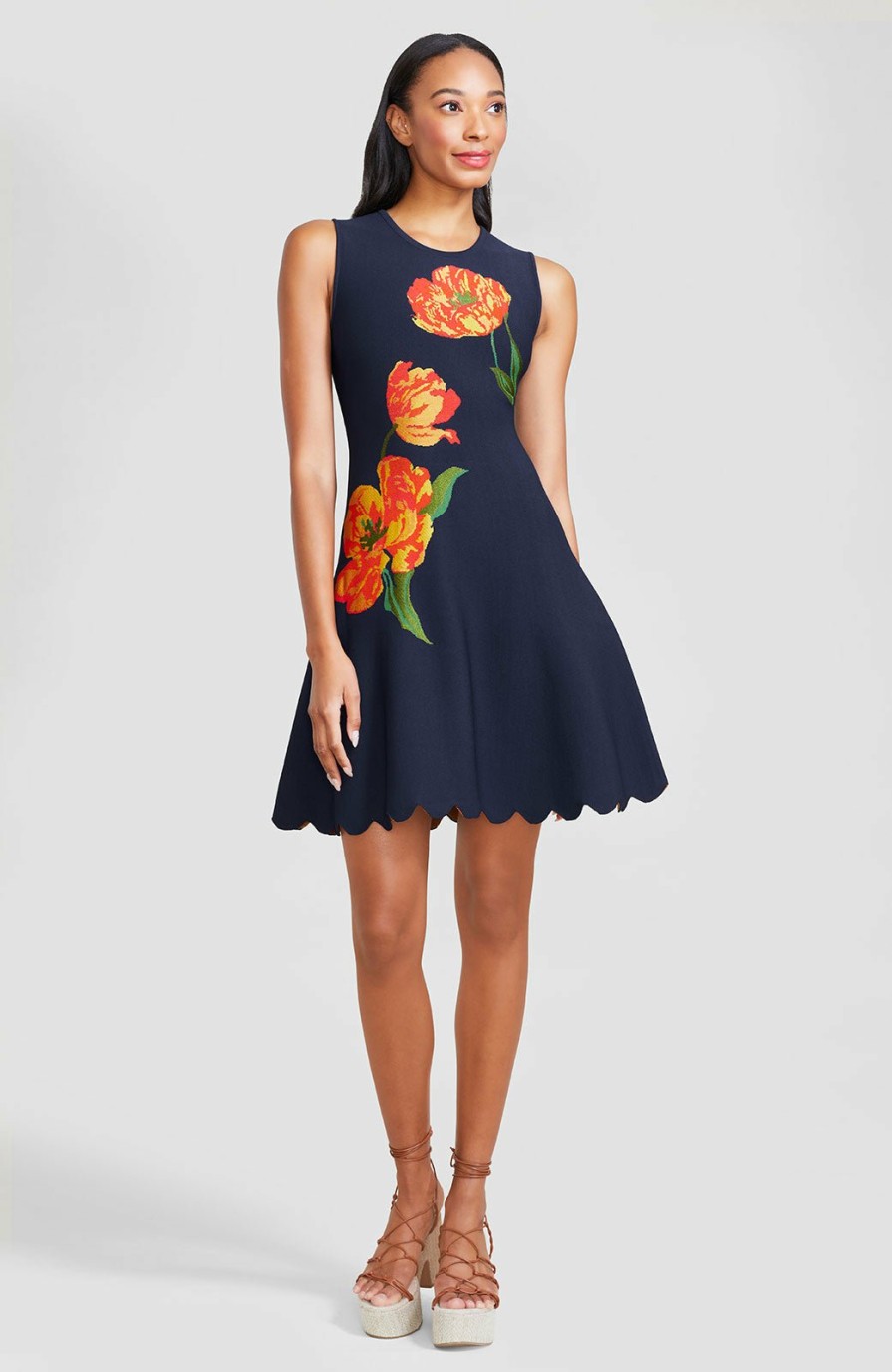 CLOTHING Lela Rose | Floral Jacquard Knit Sleeveless Dress Navy/Tangerine