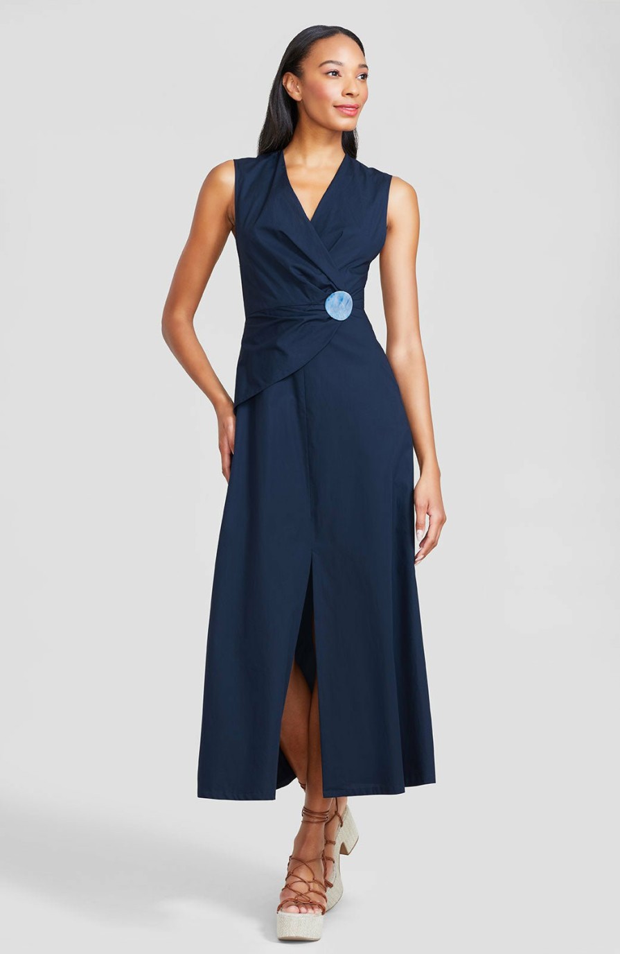 CLOTHING Lela Rose | Cotton Poplin Button Detail Midi Dress Navy