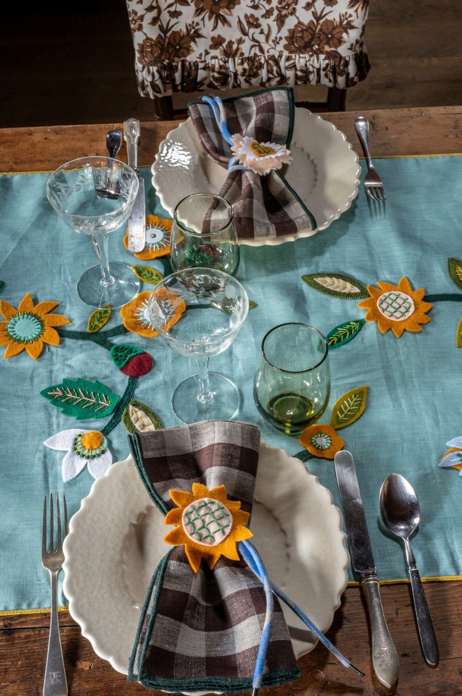 Home Goods Lela Rose | Embroidered Linen Table Runner Turquoise Multi