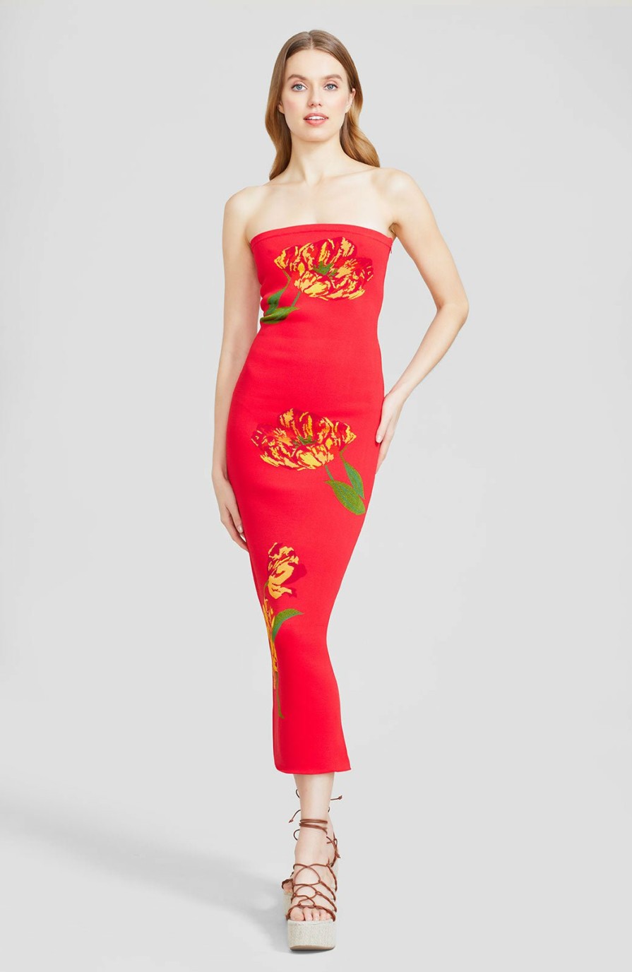 CLOTHING Lela Rose | Floral Jacquard Knit Strapless Midi Dress Red/Tangerine