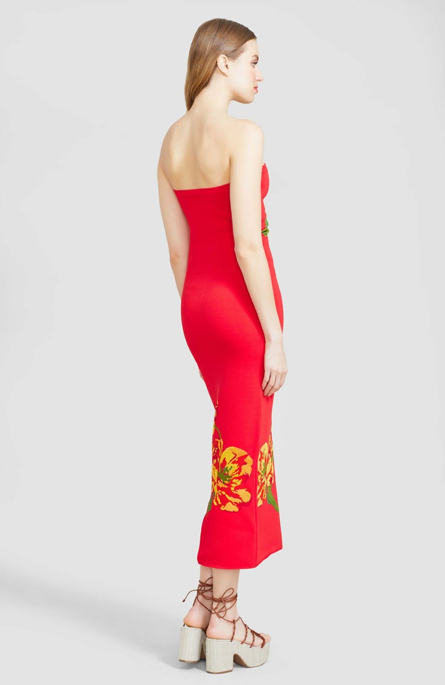 CLOTHING Lela Rose | Floral Jacquard Knit Strapless Midi Dress Red/Tangerine