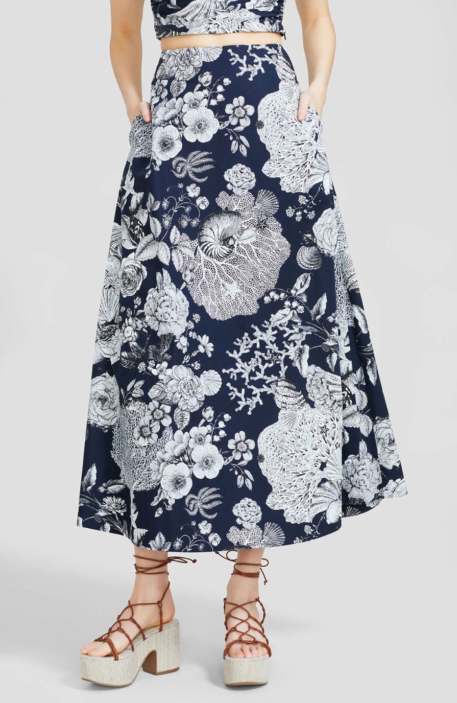 CLOTHING Lela Rose | Seascape Cotton Poplin A-Line Skirt Navy