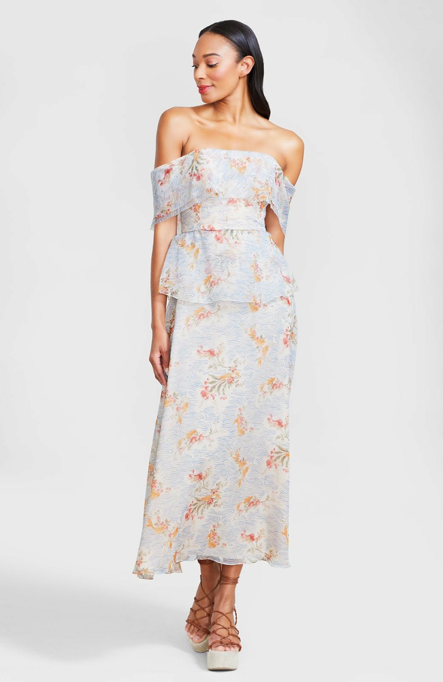 CLOTHING Lela Rose | Fish Print Organza Off The Shoulder Midi Dress Multi