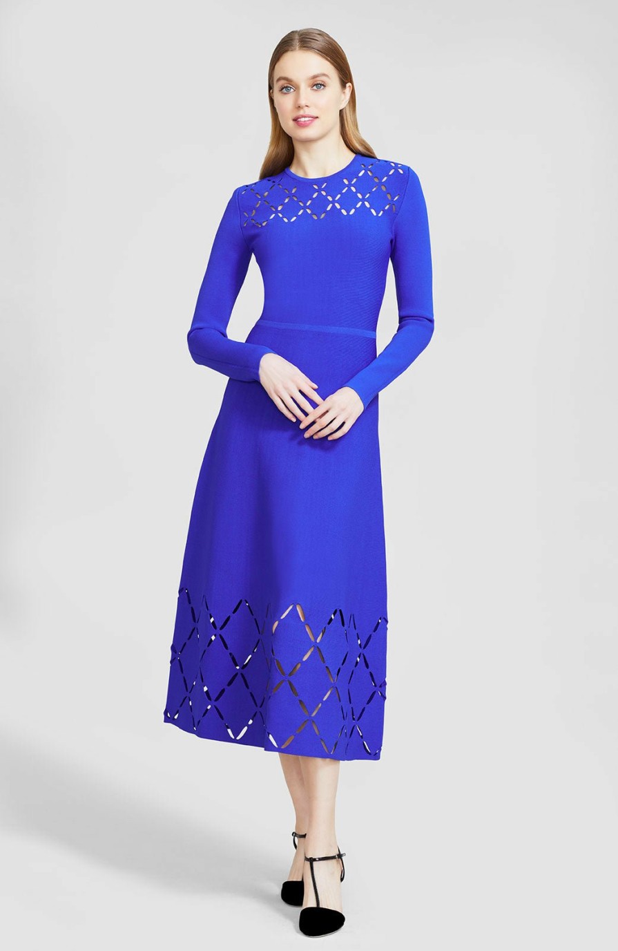 CLOTHING Lela Rose | Diamond Detail Knit Long Sleeve Midi Dress Cobalt