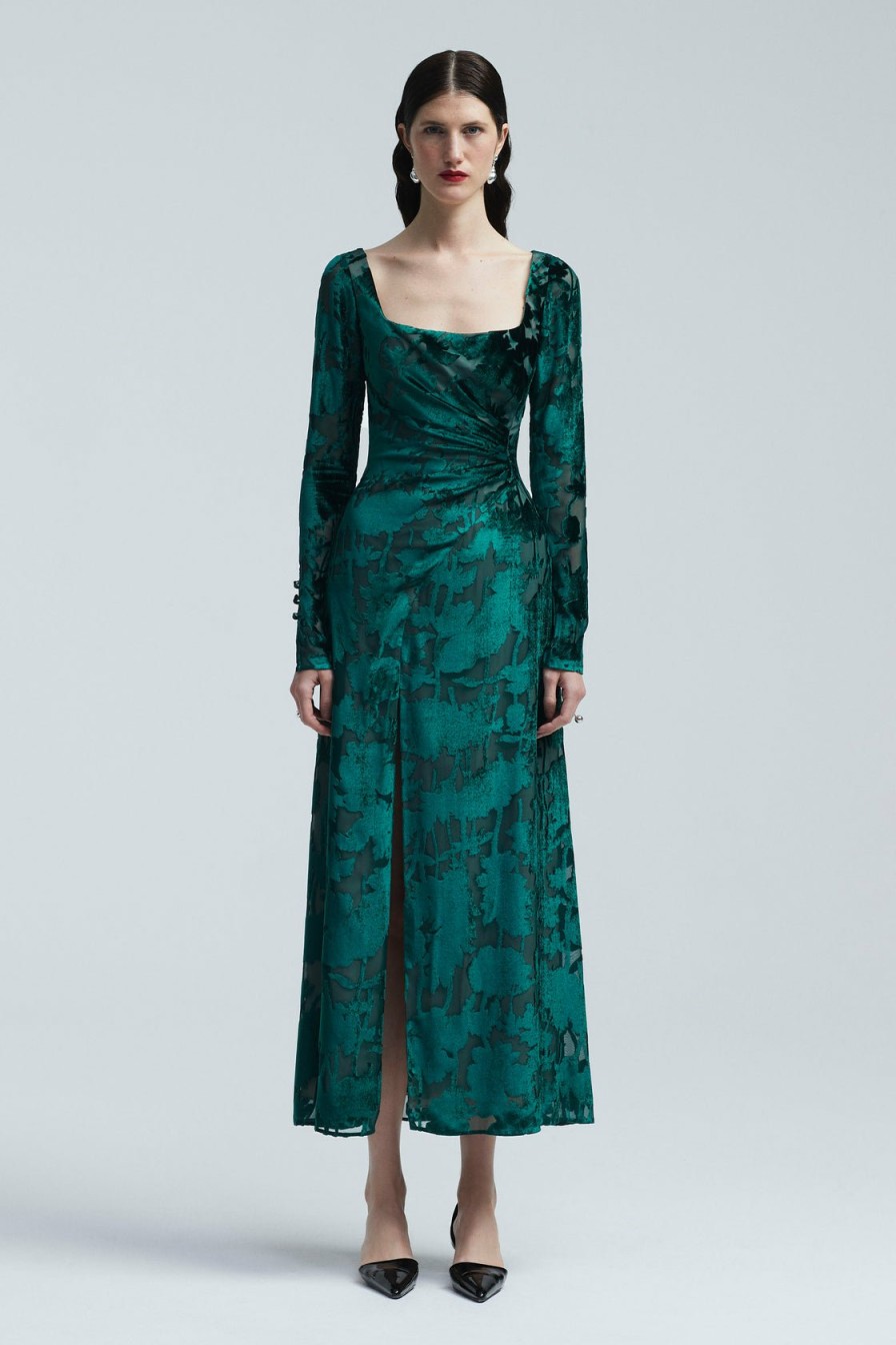 CLOTHING Lela Rose | Floral Velvet Burnout Long Sleeve Draped Dress Forest