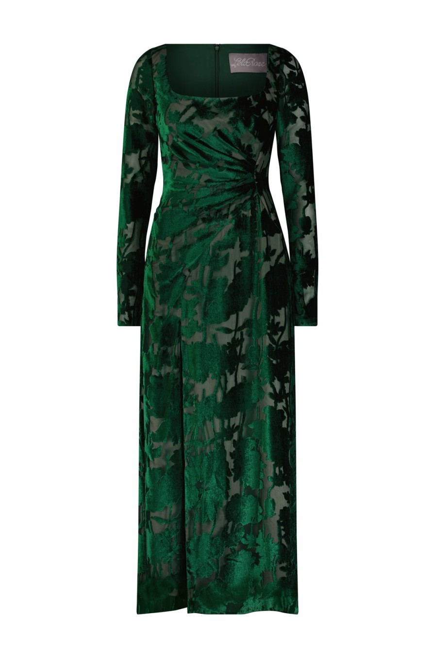 CLOTHING Lela Rose | Floral Velvet Burnout Long Sleeve Draped Dress Forest