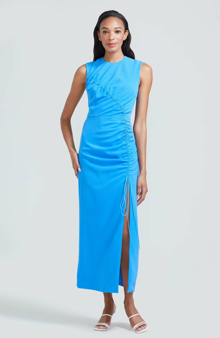 CLOTHING Lela Rose | Fluid Crepe Ruched Seamed Midi Dress Cornflower Blue