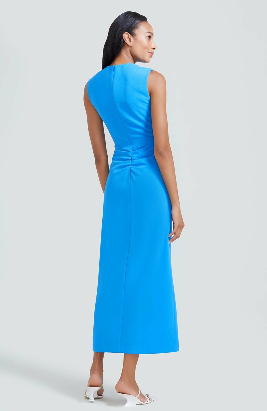 CLOTHING Lela Rose | Fluid Crepe Ruched Seamed Midi Dress Cornflower Blue