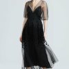 CLOTHING Lela Rose | Flocked Dot Tulle V-Neck Midi Dress Black