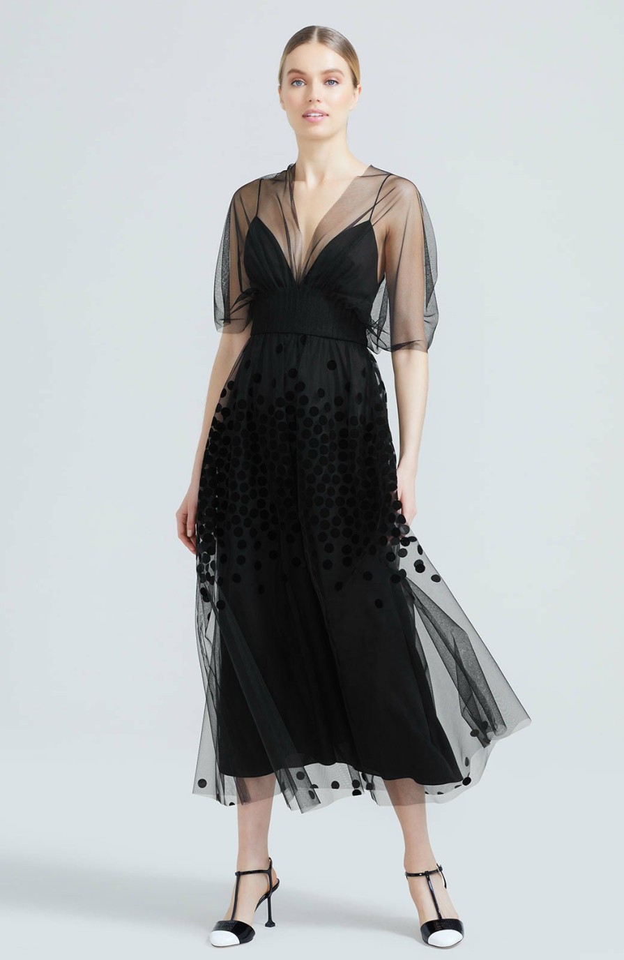 CLOTHING Lela Rose | Flocked Dot Tulle V-Neck Midi Dress Black