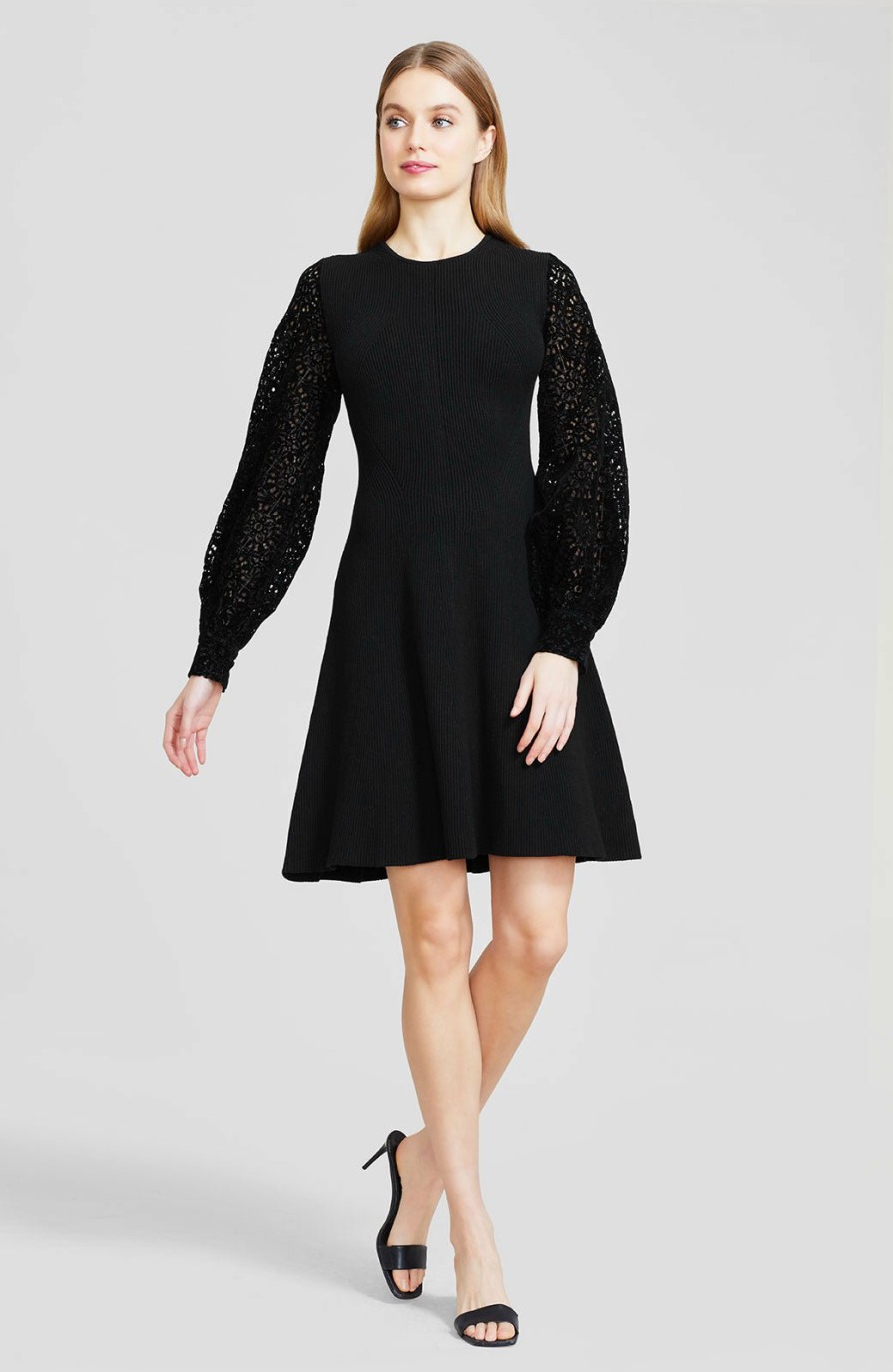 CLOTHING Lela Rose | Rib Knit Fit And Flare Dress With Flocked Velvet Lace Sleeves Black