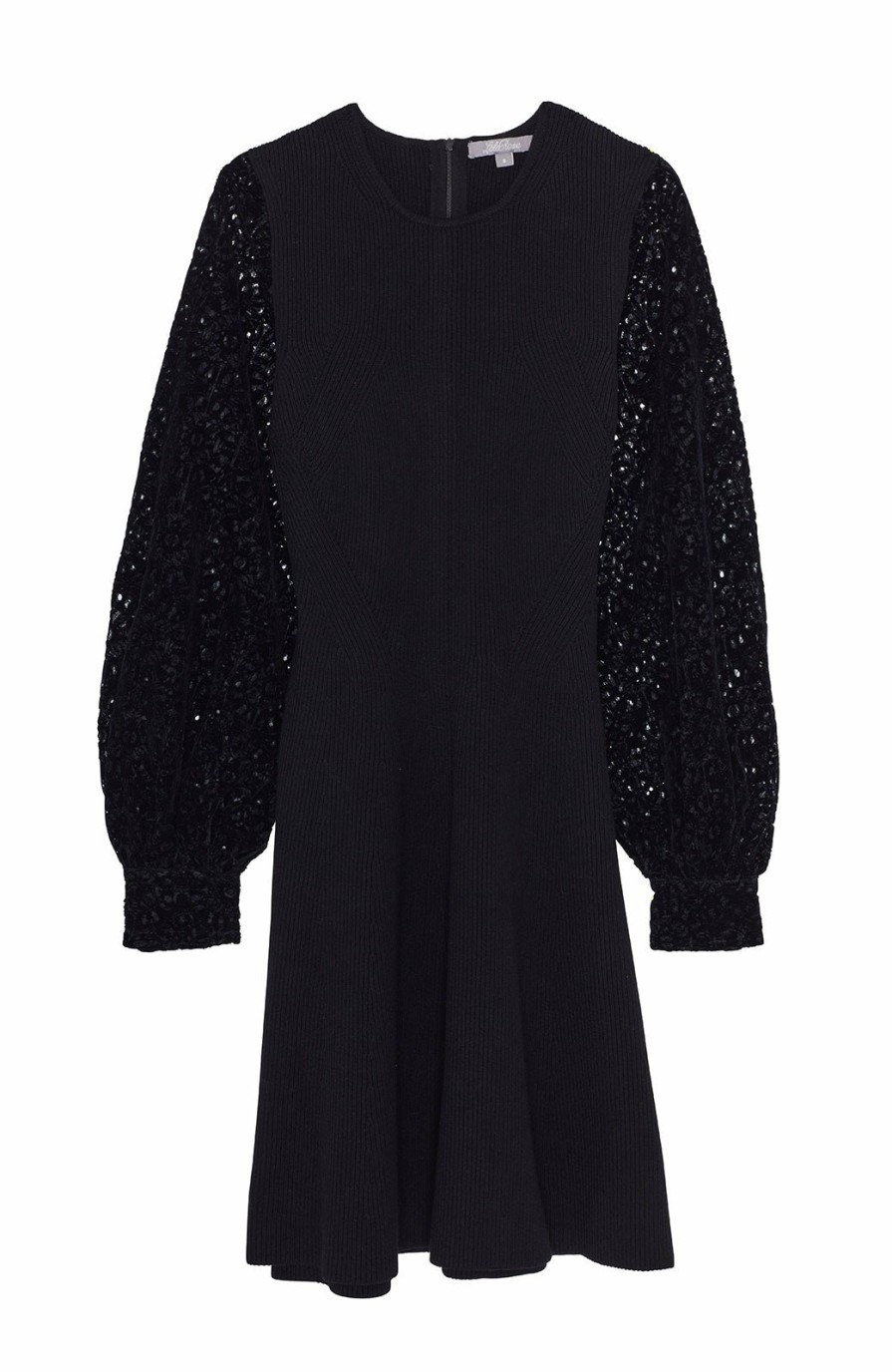 CLOTHING Lela Rose | Rib Knit Fit And Flare Dress With Flocked Velvet Lace Sleeves Black