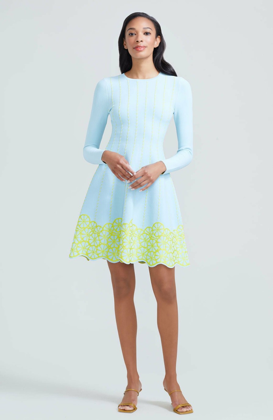 CLOTHING Lela Rose | Linear Knit Long Sleeve Dress Sky