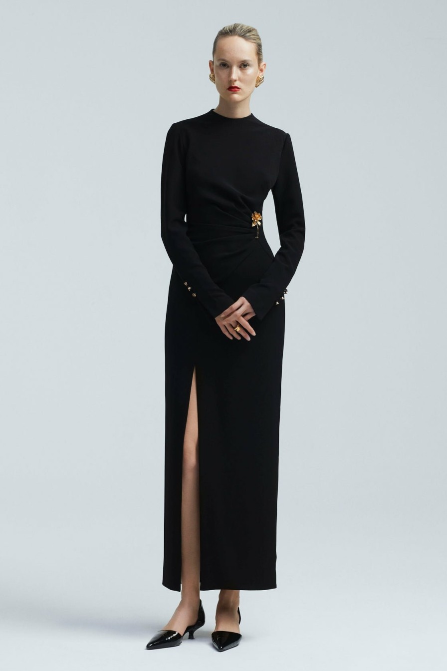 CLOTHING Lela Rose | Fluid Crepe Long Sleeve Draped Sheath Black