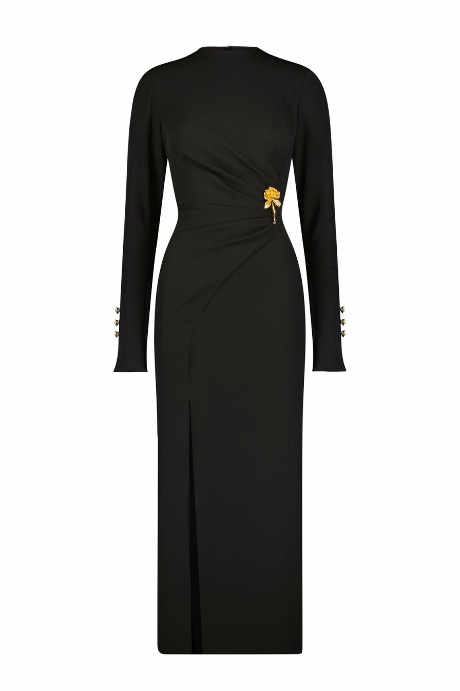 CLOTHING Lela Rose | Fluid Crepe Long Sleeve Draped Sheath Black