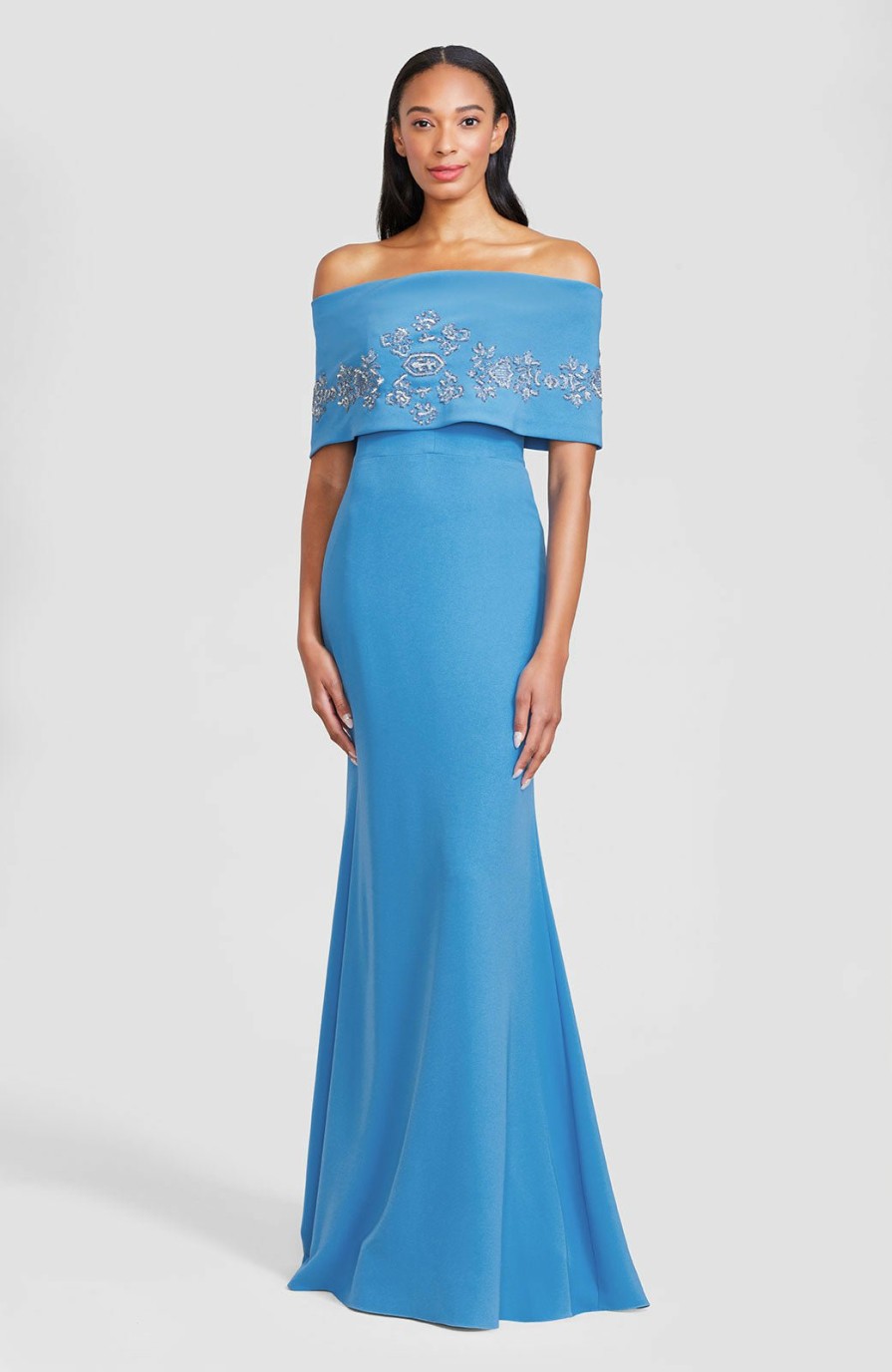 CLOTHING Lela Rose | Embroidered Stretch Twill Off The Shoulder Gown Cerulean