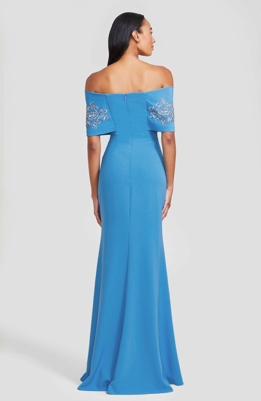 CLOTHING Lela Rose | Embroidered Stretch Twill Off The Shoulder Gown Cerulean