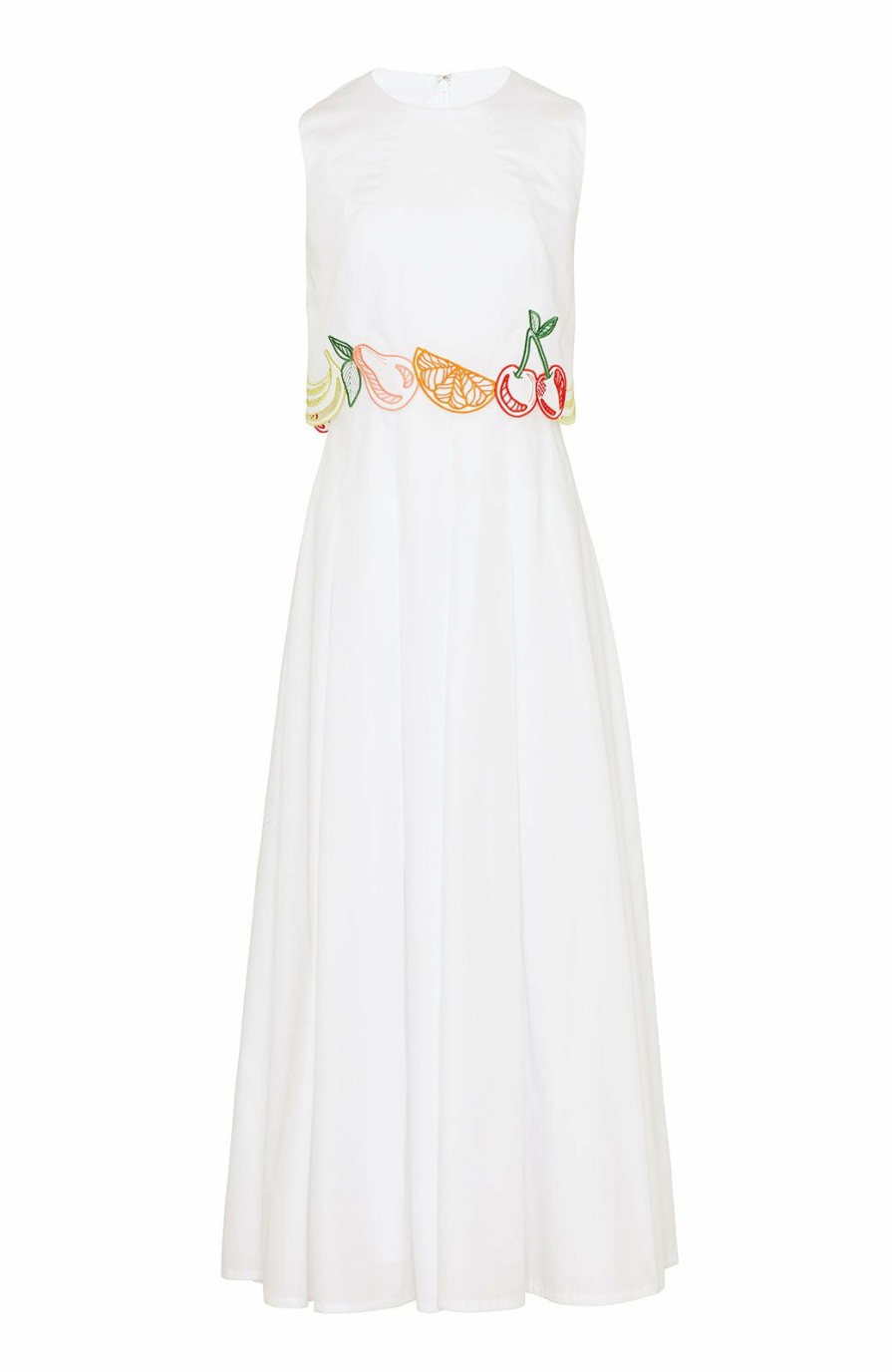 CLOTHING Lela Rose | Fruit Embroidered Cotton Poplin Sleeveless Midi Dress White